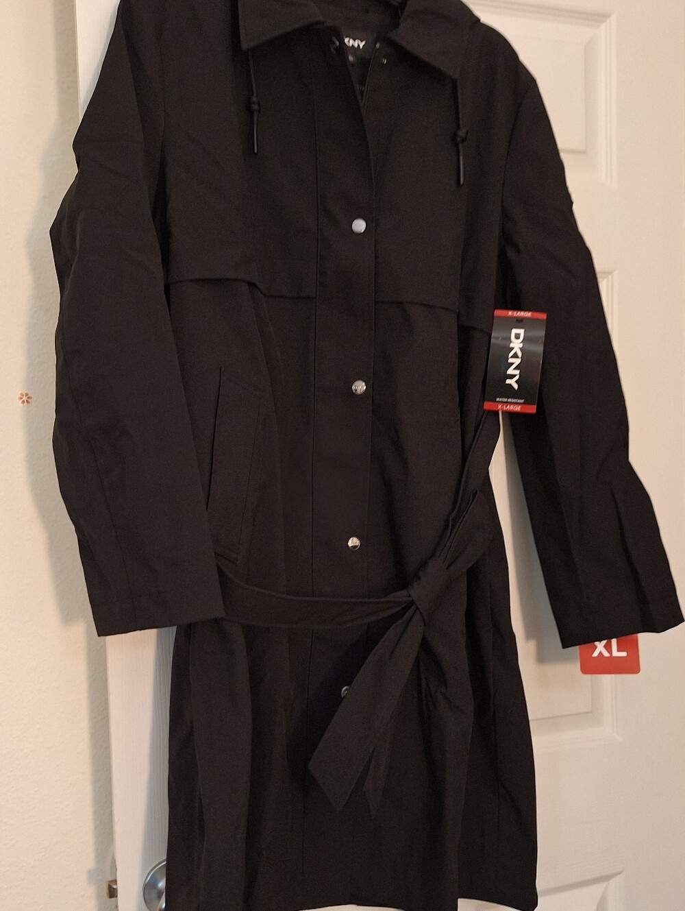 Dkny Women HoodedTrench coat Black Size XL Water Resistant NWT